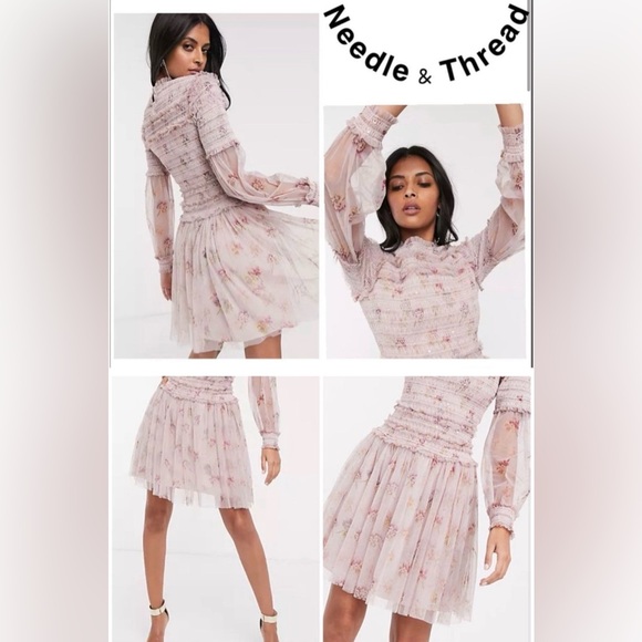 Needle & Thread sequin mini dress with sheer sleeves in dusty mauve US2/XS - Picture 2 of 10